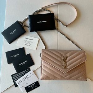 Saint Laurent Grain de Poudre Wallet Chain in pink